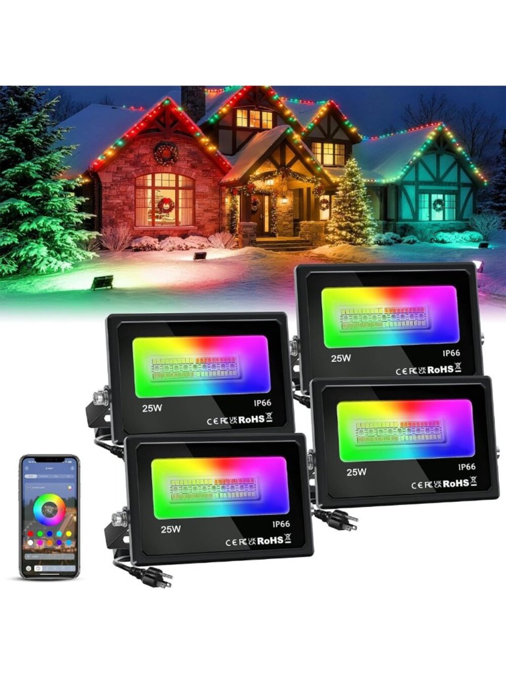 25W Bluetooth RGB Color Changing LED Flood Lights - Waterproof, Music Sync, 4